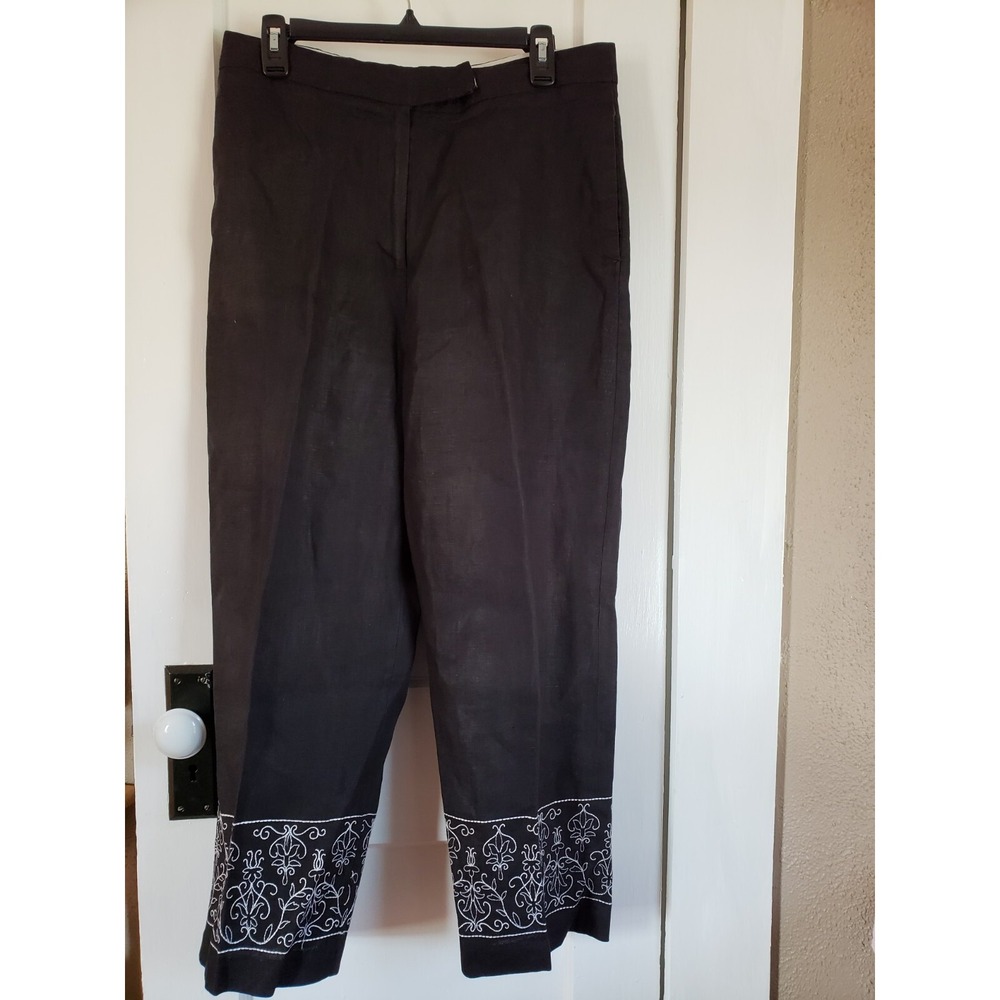 Carroll Reed Women‎ Black 100% Linen Pants embroidered hem 12